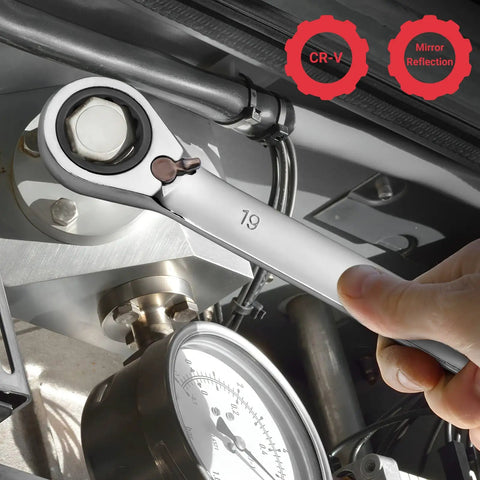 Hand using 12 Piece Metric Ratchet Wrench Set with Two-Way Reversible 72-Tooth Heads, Cr-V Steel, 8mm to 19mm in mechanical project