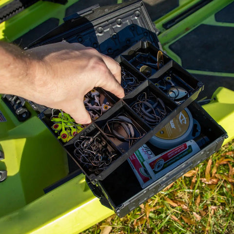 TracPak Tray Inserts 4x2 Half Depth, 2 Pack With Eight 2x2 Compartments Per Tray, shown organizing kayak tackle gear.