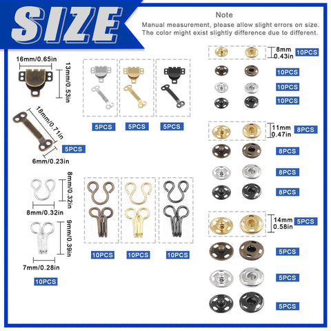 All In One Sewing Hooks And Eyes Kit With Sew On Snaps 152 Total Pairs In Four Colors For Trousers Skirts Bras And Shirts This Easy DIY Fastener Set Covers Snap Buttons And Closures size chart and quantity details.