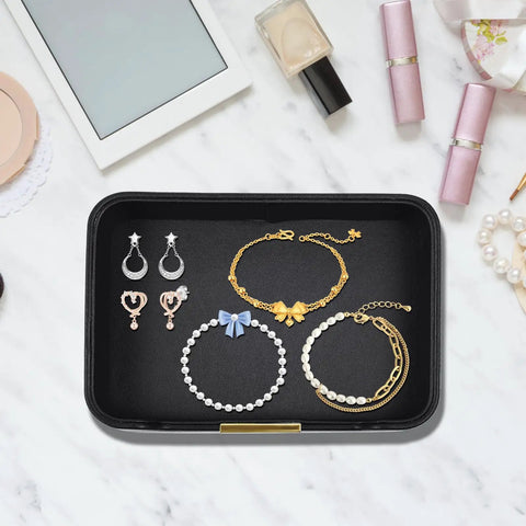 Lux Leather Valet Tray Desk Organizer And Nightstand Catchall Caddy For Jewelry, Watches, Keys, Phone, Wallet, Cosmetics, Remote, And Pen Water Resistant Anti Scratch Black with jewelry and cosmetics on marble