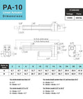 Diagram of PA-10 12V Water Resistant Linear Actuator with dimensions, 2 inch stroke, 450 lbs force, IP66 outdoor rated brushed DC motor.