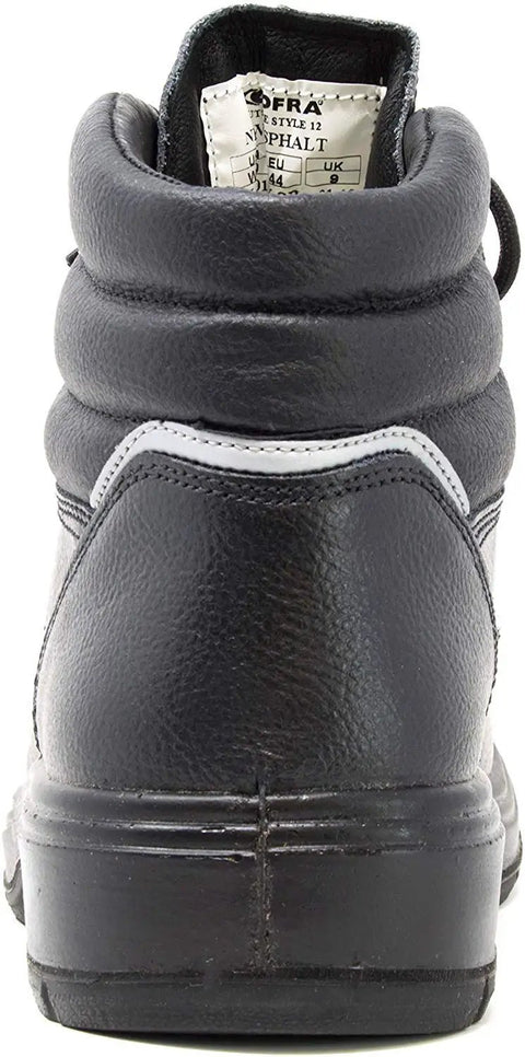 Back view of Asphalt Ready Safety Boots With Electrical Hazard Protection, Heat Defender Rubber Sole, breathable leather upper, Size 9 Black.