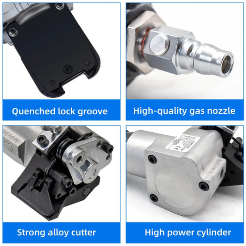 Close-up details of Heavy Duty Pneumatic Steel Strapping Tool And Metal Banding Machine Air Powered Tensioner Cutter Sealer.