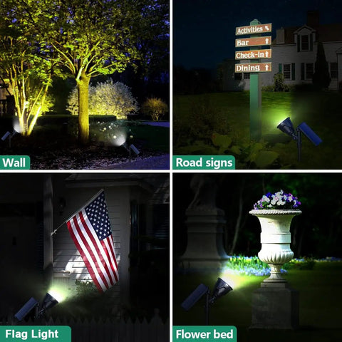 Bright Solar Spot Lights Outdoor Waterproof 18 LED 2 Mode Brightness Dusk Till Dawn Landscape Lighting illuminating a garden, road signs, flag, and flower bed