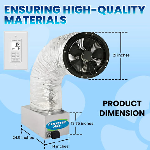 Two Speed Whole House Fan With Super Silent German Motor And Cold Weather Damper showing product dimensions and control panel.