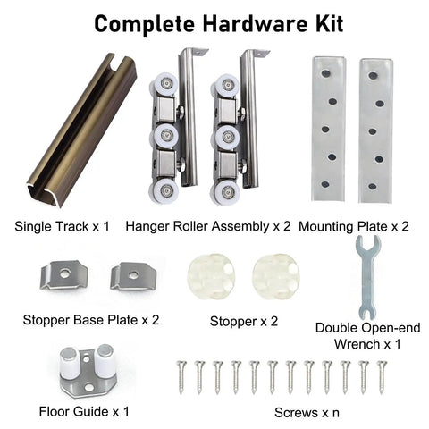 Complete Hardware Kit for Heavy Duty Aluminum Sliding Barn Door Track Set with Precision Six Wheel Rollers and Metal Components