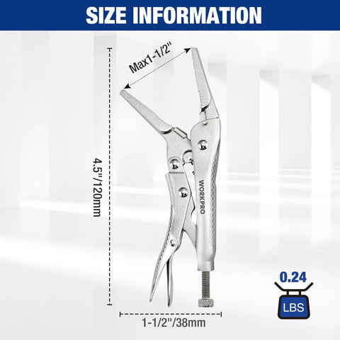 Mini Long Nose Locking Pliers 4.5 Inch Chrome Vanadium Steel Locking Vise Grips For Clamping Twisting And Welding Projects With Adjustable Screw For Tight Rock Solid Grips shown with dimensions
