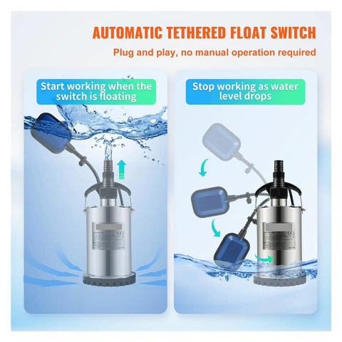 Automatic tethered float switch for Heavy Duty Submersible Sump Pump Stainless Steel 1300 Watt Clean Water Drainage Rig operation.