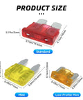 Standard and mini car fuses sizes shown for Heavy Duty Car Fuses Assortment Kit With Standard Mini And Low Profile Blades From 2A To 40A.