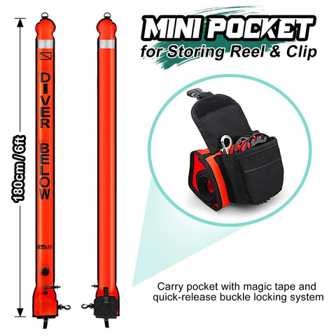 Top Notch High Visibility Surface Marker Buoy With 100ft Dive Reel For Scuba 6ft Open Bottom Signal Tube Safety Sausage In Pouch Bag Steel Bolt Snap Night Dives Ready Emergency Buoyancy Rugged ABS Gear in mini pocket storage.