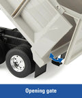 Close-up of Blue Peterbilt 1/16 Scale Dump Truck Toy with Working Dump Bed showing opening gate detail, 20 Inch Construction Vehicle.