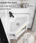 Bathroom Corner Basin Sinks, Wall Mount Vessel Sink,White Vessel Sink,Combo For Small Space Wall Mounted Cabinet Set Design White Resin Basin Sink Top Chrome Faucet And Drain. (48x48x40cm) top view in small apartment.