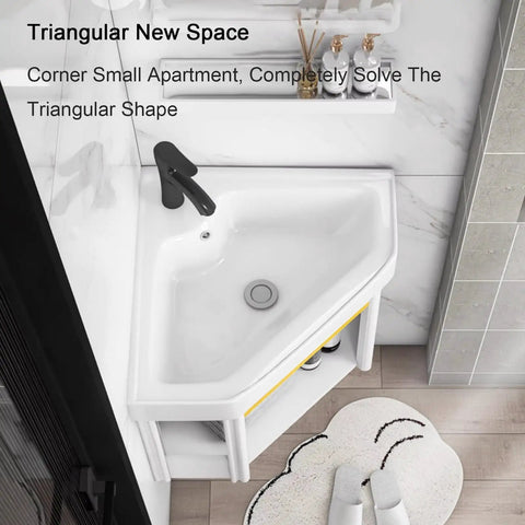 Bathroom Corner Basin Sinks, Wall Mount Vessel Sink,White Vessel Sink,Combo For Small Space Wall Mounted Cabinet Set Design White Resin Basin Sink Top Chrome Faucet And Drain. (48x48x40cm) top view in small apartment.