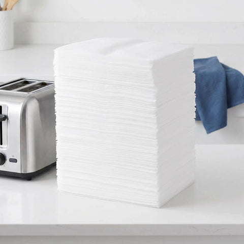 Stack of white heavy duty foam cushion pouches for dishes and glassware next to toaster on kitchen counter