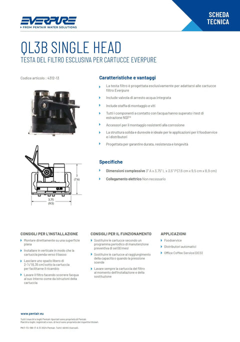 Technical specifications sheet of QL3B Head Assembly Replacement For Commercial Water Filtration Systems in Italian