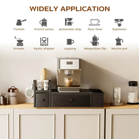 Coffee Pod Drawer Organizer For Countertop That Holds 52 Pods K Cup And Nespresso Capsules With Mug Rack, set up in kitchen.