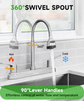 Top Shelf Two Handle Kitchen Faucet Featuring Slick High Arch Curve And Full 360 Swivel Motion Built With Rust Resistant Stainless Steel and Polished Chrome, showing 360° swivel spout and lever handles.