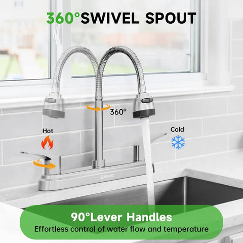 Top Shelf Two Handle Kitchen Faucet Featuring Slick High Arch Curve And Full 360 Swivel Motion Built With Rust Resistant Stainless Steel and Polished Chrome, showing 360° swivel spout and lever handles.