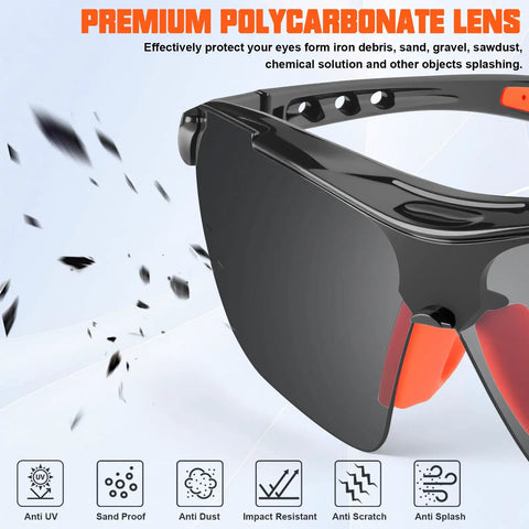 Heavy Duty 12 Pack Bulk Protective Eyewear For Men And Women, black polycarbonate lens with red grips, ANSI Z87 certified, UV defense.