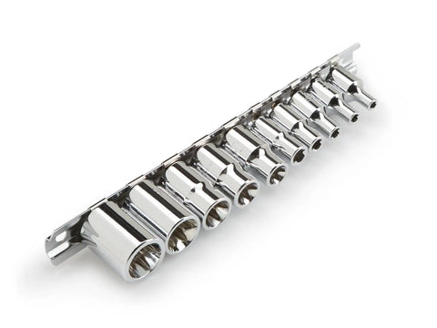 Torx Star Socket Set For 1/4 And 3/8 Inch Drives Chrome Vanadium E4 To E18 10 Piece Locking Drive End in a row on metal rail