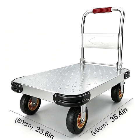 Heavy Duty Flatbed Push Cart Dolly Hand Truck With 936 Lb Load Capacity And Large 35.4x23.6 Inch Platform, 6 Inch Brake Wheels For Safe Easy Hauling Of Water Jugs, Boxes, Tools And Warehouse Gear, silver metal platform with handle