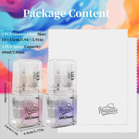 Two Hatstart eyeglasses cleaner spray bottles in clear plastic cases with pink and purple labels, front view