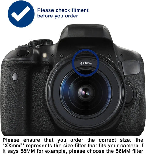 Camera with lens showing size guide for 52mm Lens Filter Kit Bundle Pro With UV CPL FLD Filters And Travel Case For Cameras Universal 52mm Gear