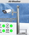 Built Tough Heavy Duty Stainless Steel Security Camera Poles And Outdoor Surveillance Posts For Bullet Dome And Wall Mounted Cams Featuring Rust Proof Design And Flexible Heights For Serious Warehouse Protection in rainy weather.