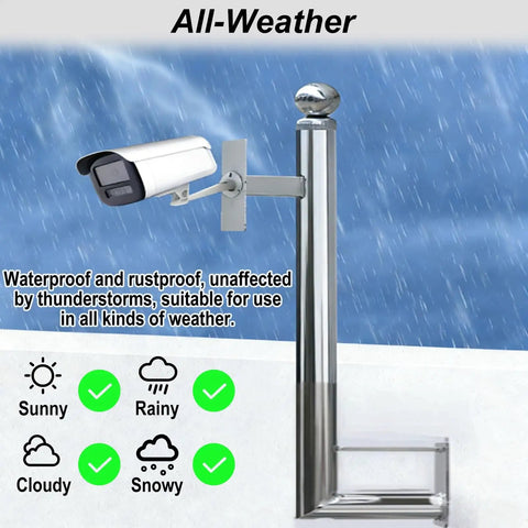 Built Tough Heavy Duty Stainless Steel Security Camera Poles And Outdoor Surveillance Posts For Bullet Dome And Wall Mounted Cams Featuring Rust Proof Design And Flexible Heights For Serious Warehouse Protection in rainy weather.