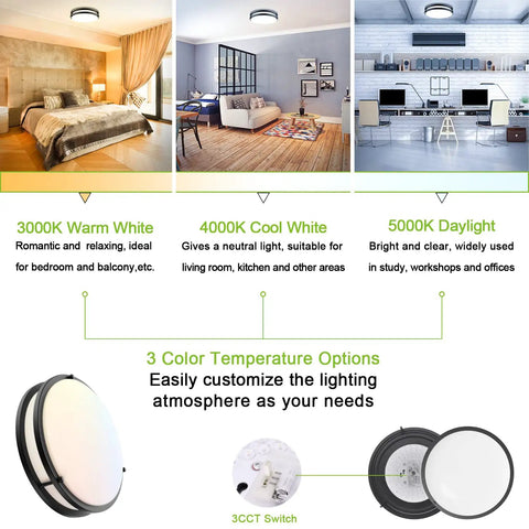 10 Inch Flush Mount LED Ceiling Light 2 Pack 2200 Lumens 24W Three Color Temperature Options, shown in bedroom, home office, workshop settings.