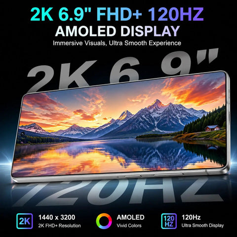 Unlocked 5G Smartphone With Built In Stylus Pen 6.99 Inch HD Plus Display showcasing 2K AMOLED screen with vivid colors.