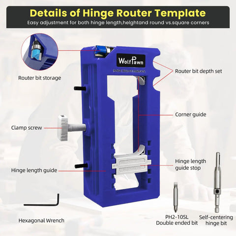 No Sweat Adjustable Door Hinge Jig And Master Router Mortise Template with solid clamping base and router bit storage features.