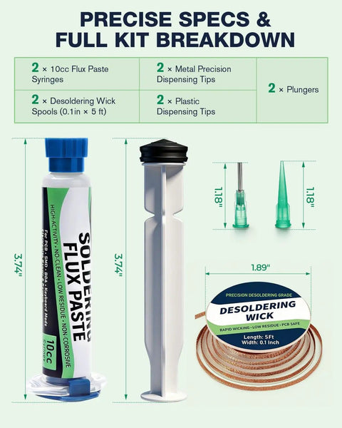 No Clean Rosin Flux Paste And Desoldering Wick Kit for PCB repairs, includes flux syringe, desoldering wick, tips, and plunger.