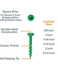 Diagram of 1 Inch Coarse Thread Pocket Hole Screws For Softwood Woodworking, 100 Pack, showing features like square drive and sizes.