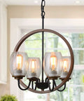 Four-light round chandelier with glass shades and wood metal frame in kitchen setting.