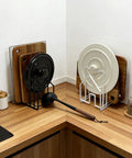 Compact Cutting Board Rack Organizer For Kitchen Countertop And Lids Flat Steel Stand with black and white holders