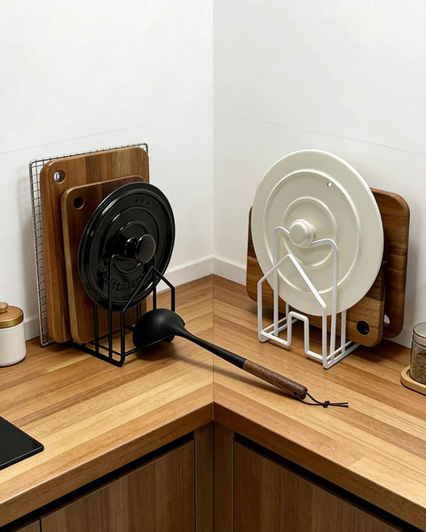 Compact Cutting Board Rack Organizer For Kitchen Countertop And Lids Flat Steel Stand with black and white holders
