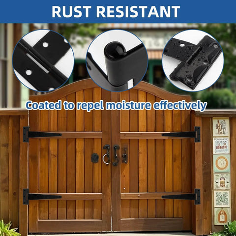 Rust-resistant T Strap Barn Door Hinges Heavy Duty 5 Inch Black Iron Gate Straps installed on wooden garden gate