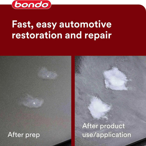Pro Grade Nitrocellulose Glazing And Spot Putty Two Pack for auto body repair shown before and after application on metal surface.