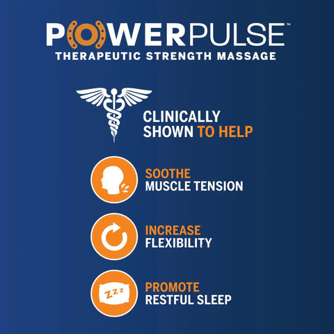 Infographic showing benefits of PowerPulse massage: soothe muscle tension, increase flexibility, promote restful sleep.