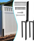Two Pack Heavy Duty Fence Post Repair Kit With Black Powder Coated Post Anchors For Tilted Or Broken Wood Fence Posts Universal Fit Sturdy Carbon Steel Construction Easy Install Long Lasting Fence Fix next to assembled white fence.