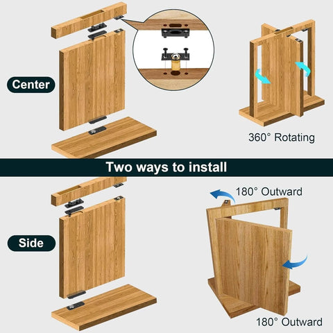Installation options for Heavy Duty 360 Degree Pivot Hidden Door Hinge with Thickened Solid Stainless Steel Construction and 570 Lb Load Capacity.