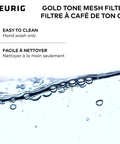 Reusable Gold Tone Mesh Coffee Filter For K Duo Essentials And K Duo Brewers with cleaning instructions in English and French