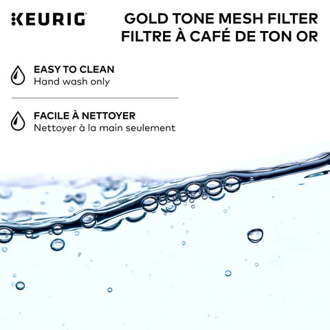 Reusable Gold Tone Mesh Coffee Filter For K Duo Essentials And K Duo Brewers with cleaning instructions in English and French