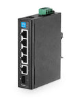 Beefy Industrial DIN Rail Gigabit Ethernet Switch With Five 10 100 1000 Mbps Ports, One Gigabit Uplink, One SFP, Metal Enclosure, Side View