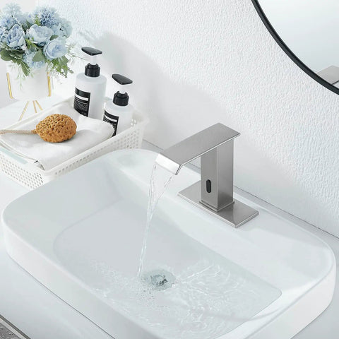Brushed Nickel Automatic Sensor Touchless Bathroom Sink Faucet With Drain Assembly Vanity Waterfall Hands Free Tap