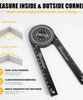 Kickass Crown Molding Jig And Miter Saw Protractor With Heavy Duty Metal Stops For Straight Up Accurate Nested Cuts and No Sweat Setup Using Aluminum Angle Finder Tool For Easy DIY Carpentry Who Gonna Nail Their Miter Measurements Today displaying a black angle finder measuring inside and outside corners.