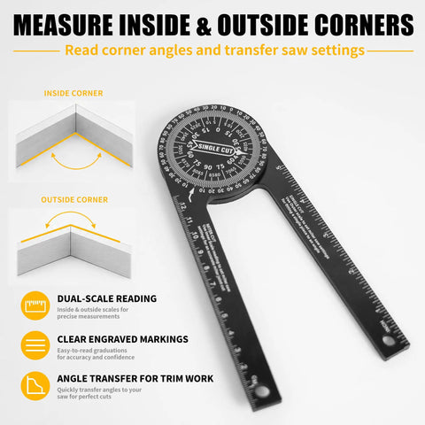 Kickass Crown Molding Jig And Miter Saw Protractor With Heavy Duty Metal Stops For Straight Up Accurate Nested Cuts and No Sweat Setup Using Aluminum Angle Finder Tool For Easy DIY Carpentry Who Gonna Nail Their Miter Measurements Today displaying a black angle finder measuring inside and outside corners.