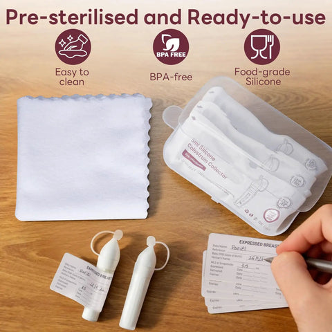 Mom Life Savior Colostrum Collector Kit 5 Ml 6 Piece Pack includes BPA-free silicone cups and labels for newborn feeding.