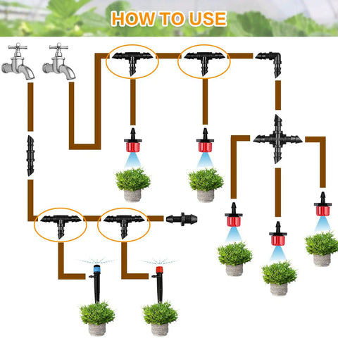Diagram showing Barbed Drip Irrigation Tee Fittings Kit for Quarter Inch Tubing, 100 Pieces in garden system